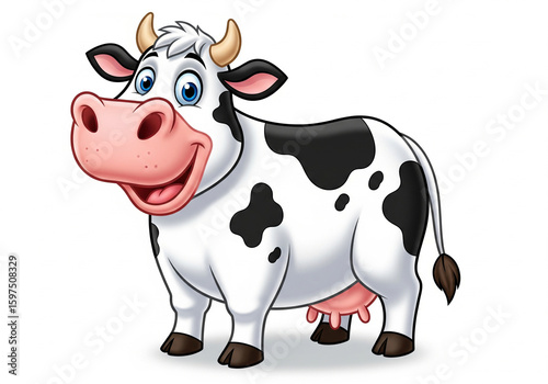 A friendly black and white cartoon cow with a happy expression and pink udder
