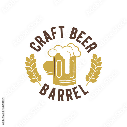 Craft Beer logo with foam mug and wheat elements. Great for pub branding, brewery packaging, beer festivals, and drink-related labels. Vector illustration.