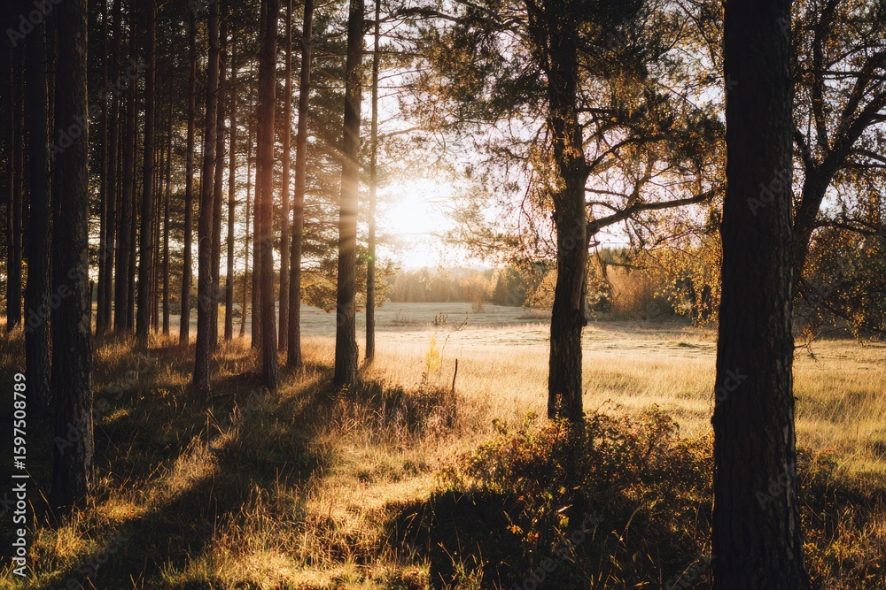 Fototapeta premium Golden Sunlight Piercing a Pine Forest