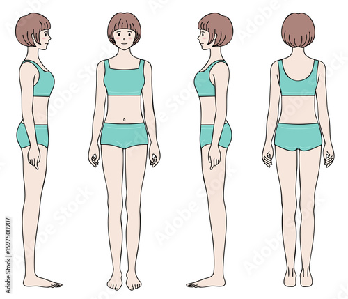 女性の全身モデル 4面イラストセット ターコイズカラー