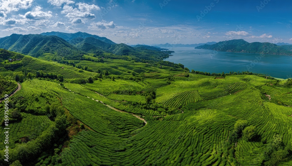 Obraz premium Panoramic view of lush tea plantations on rolling hillsides bordering a tranquil lake under a partly cloudy sky
