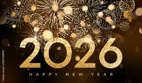 Happy New Year 2026 greeting card, gold fireworks background