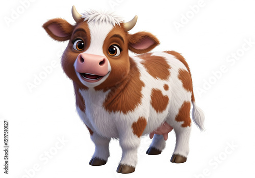 Friendly brown and white spotted cartoon cow standing