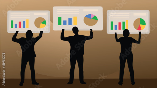 Three people holding up charts with bar graphs and pie charts in a presentation setting display