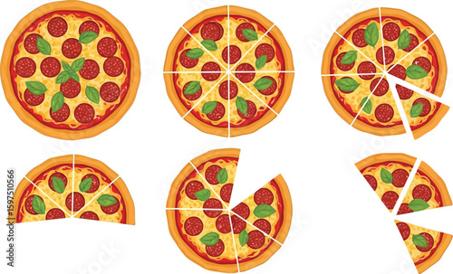 Pepperoni pizza with basil divided into slices for a party or sharing food