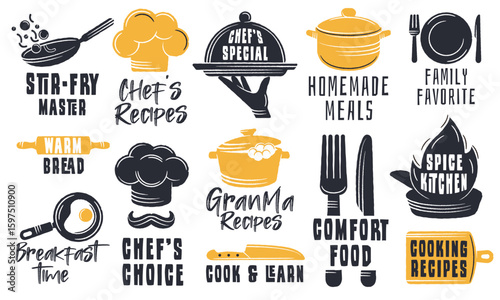 Cooking Logos. Large set of cooking logos for food blog, culinary branding, label or kitchen design. Chef, pan, knife, pot, fork, plate logos. Vector illustration.