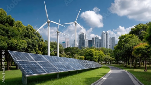 Sustainable Energy and City Harmony: A vibrant panorama showcases solar panels and wind turbines generating renewable energy, while a modern city skyline flourishes.