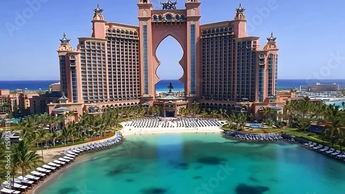 Luxurious pink hotel with an archway overlooking the ocean, turquoise water and beach