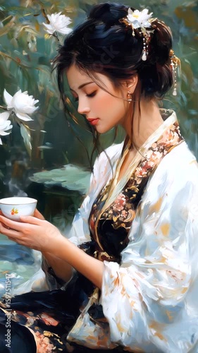 Wallpaper Mural Refined Japanese woman wearing traditional kimono, gracefully holding teacup near blossoming garden, serene water reflecting soft light and tranquil atmosphere Torontodigital.ca