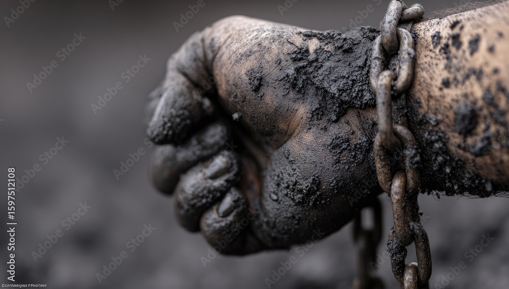 Fototapeta premium Close-up of a dirty hand chained