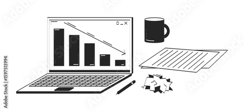 Laptop with declining graph and office supplies doodle linear objects set. Downward bar chart, mug 2D vector outline clip arts drawings isolated on white. Hand drawn sketch illustrations collection