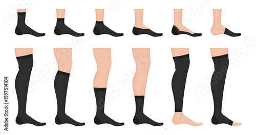 Different types of socks showing how they fit on feet and legs