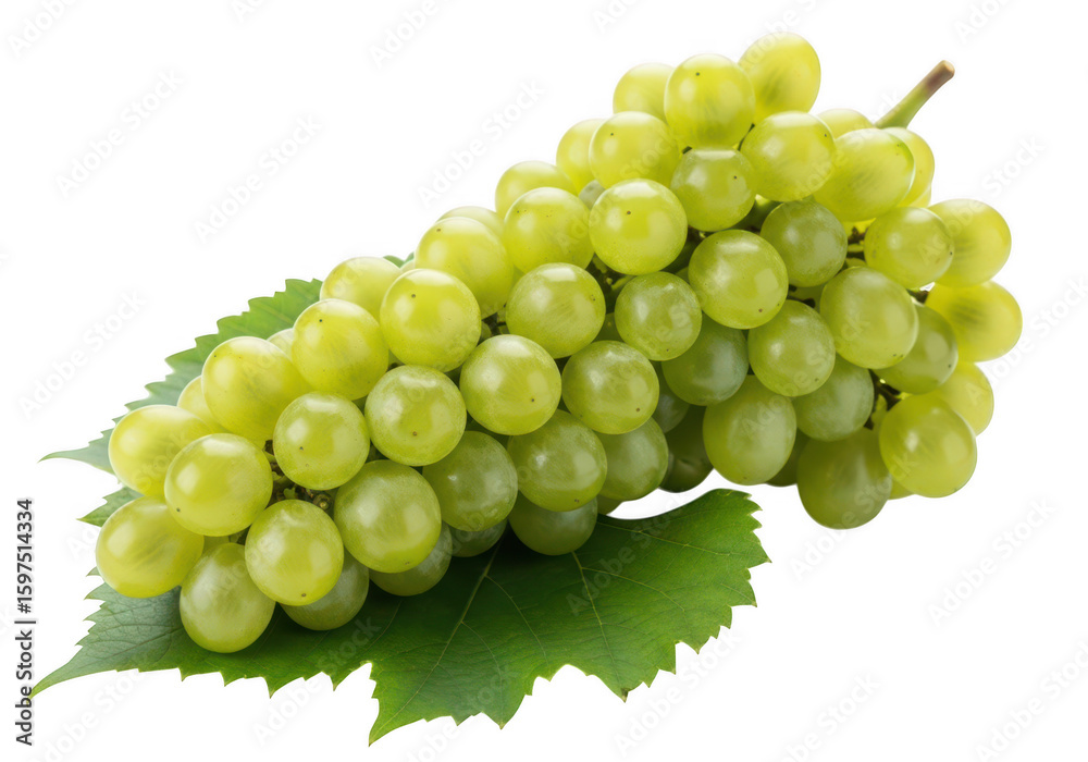 Obraz premium Bunch of green grapes with leaves on fruit fresh