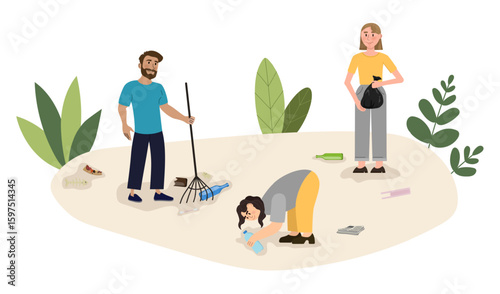 Volunteers cleaning the environment picking up trash and using rake and garbage bag