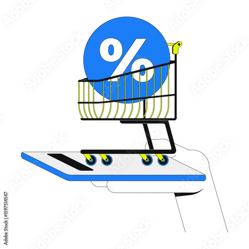 Online sale 2D onboarding ui illustration. Digital discount shopping cart on smartphone. Ecommerce trolley with percentage sign mobile cartoon concept isolated on white. Flat abstract vector metaphor