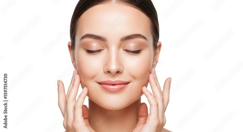 A beautiful young woman with flawless skin touching her face, isolated on white background A beautiful young woman with flawless skin touching her face, isolated on white background