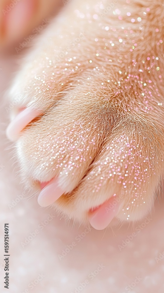 Fototapeta premium Fluffy white pink highlighting soft pads resting fur surface against glistening, luminous paw