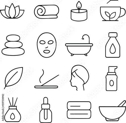 Spa and Wellness Icon Set – Vector Line Art ,A collection of 16 spa and wellness vector icons in modern outline style. Includes lotus flower, towel, herbal tea, essential oil, candle, bathtub, massage