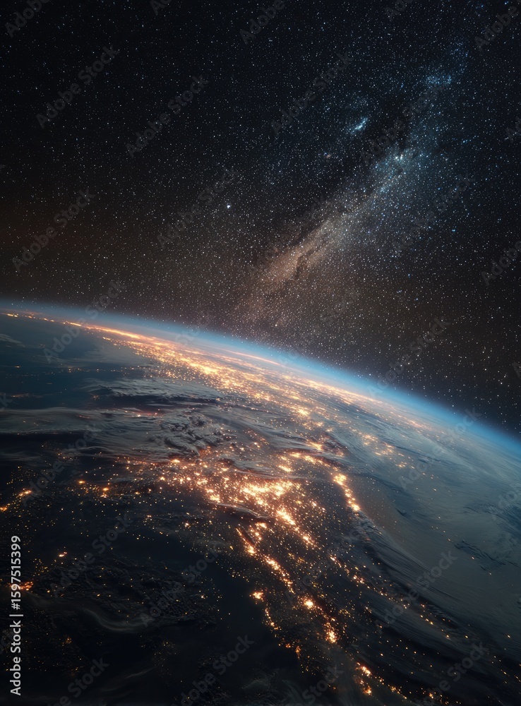 Fototapeta premium Earth at night, seen from space, with Milky Way
