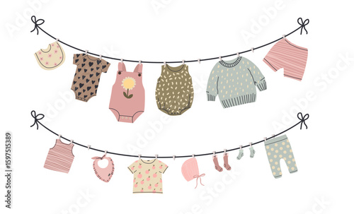 Baby clothes dry on rope. Beige newborn bodysuit, hat and pants. Baby and toddler clothing, natural ecological cotton. Little girl dress and boy pants, vector cartoon flat isolated illustration