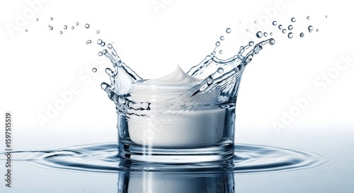 A dynamic splash of water surrounds a jar of white cosmetic cream in a glass container