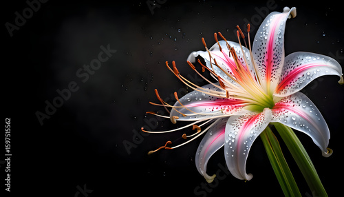 A close-up of a beautiful lily flower with droplets on its petals against a dark background.