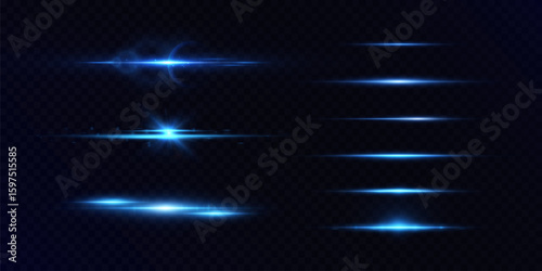 Set of blue horizontal glares and light rays on a dark background. Glow effects, flashes and laser lines for futuristic design, interfaces and techno designs.