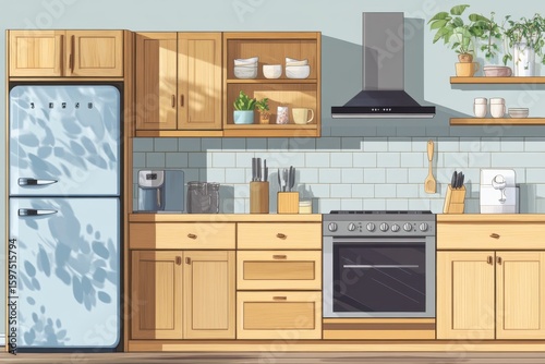 Kitchen with a wooden counter and a silver refrigerator. Wooden home kitchen interior cabinet with fridge and oven kitchenware.