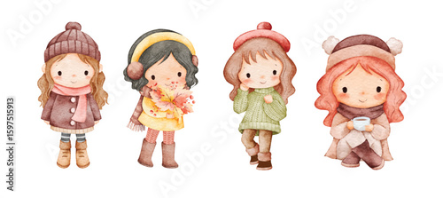 Watercolor Illustration Set of Girls in Autumn Season