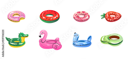 Cartoon inflatable toys. Colorful swimming rings and mattress, rubber water summer pool funny swimming accessories, flamingo, pizza and ball, watermelon and donut, vector flat isolated gradient set