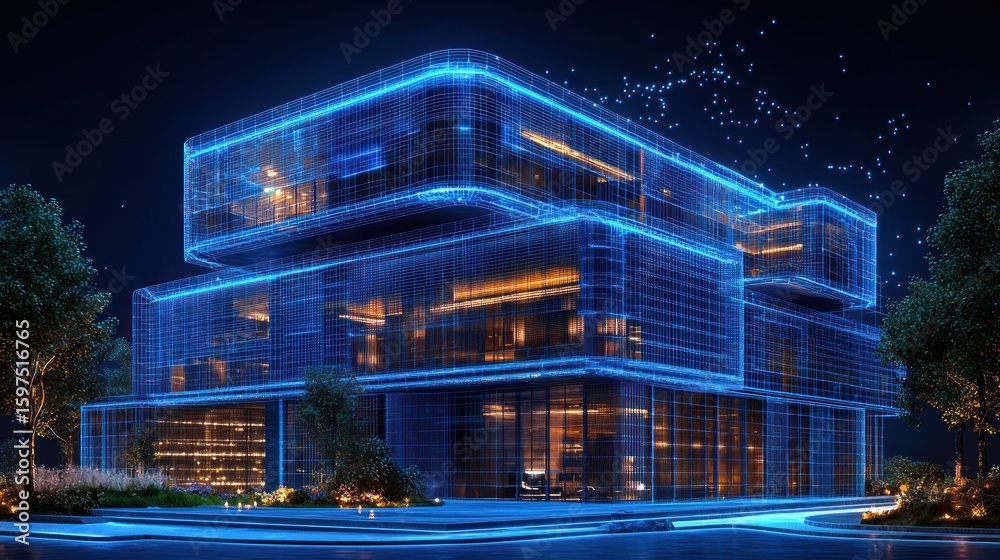 Fototapeta premium Futuristic modern house exterior at night