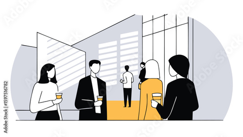 People in business attire conversing in a modern office space with drinks and natural light coming in