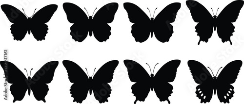 a swarm of stylized black butterfly silhouettes against a white background, minimalist design, monochrome, vector graphic
