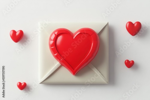 3D illustration of a chocolate bar featuring smooth square pieces. Red heart is on top of a white envelope. The heart is surrounded by four other hearts.