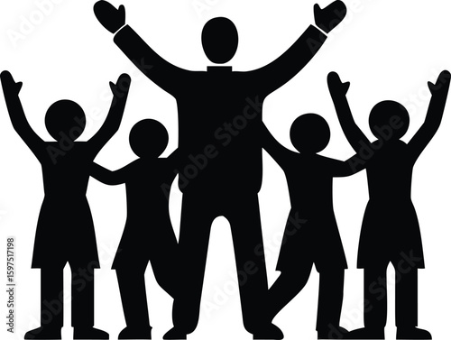 A group of cheerful, uplifted people with their arms raised in celebration, black silhouette illustration against a white background.
