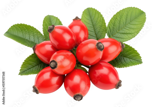 Cluster of Vibrant Red Rose Hips with Green Leaves on rosehip fruit