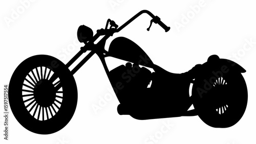 Silhouette of a chopper motorcycle with large front wheel and custom frame design on a white background