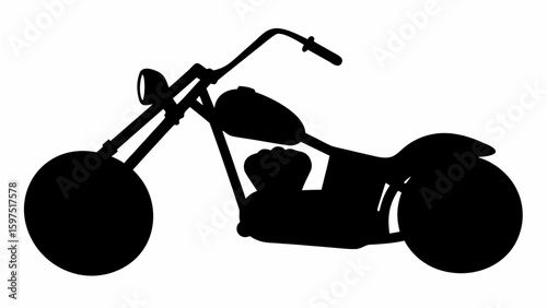 Silhouette of a chopper style motorcycle with large front wheel and raised handlebars viewed from the side