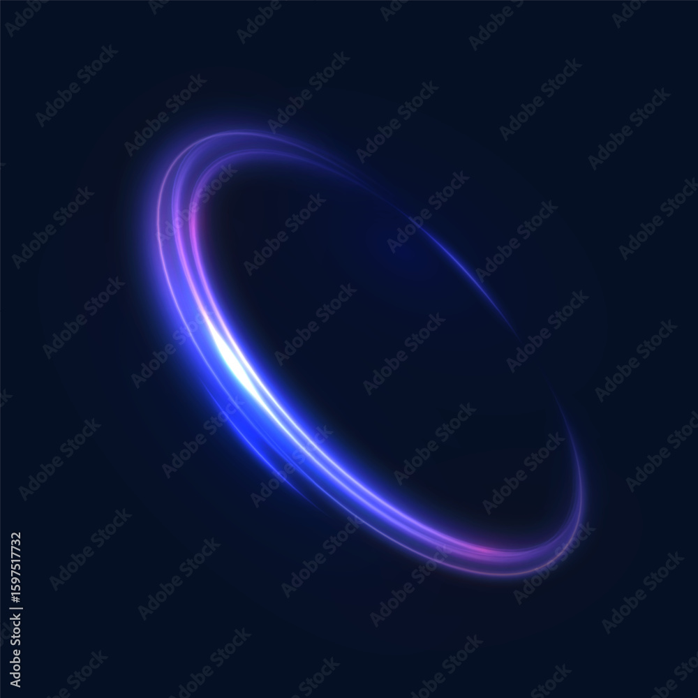 Obraz premium Bright glowing semicircle with flickering glow and bright highlights. Bright blue vector light circle isolated on dark background for design and illustrations.