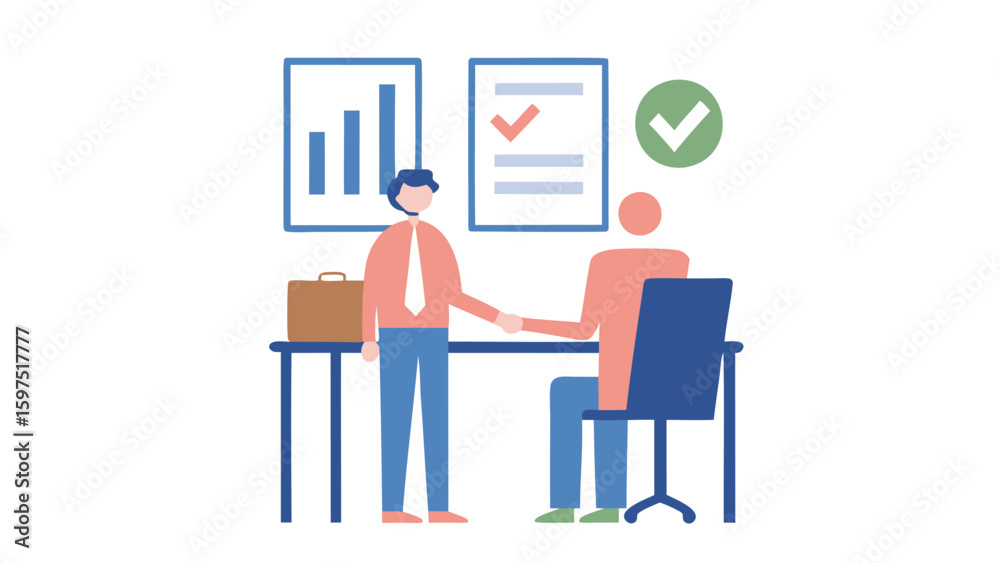 Fototapeta premium Two business people shaking hands in an office with charts and a briefcase on the desk at work