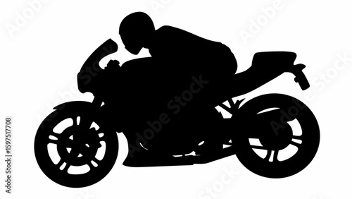 Silhouette of a motorcycle with a rider wearing a helmet in a racing position on a white background