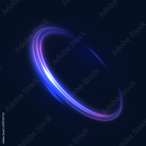 Bright glowing semicircle with flickering glow and bright highlights. Bright blue vector light circle isolated on dark background for design and illustrations.