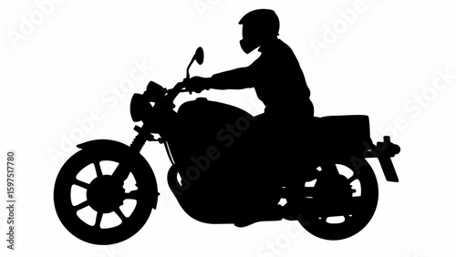Silhouette of a person wearing a helmet riding a motorcycle with visible wheels and handlebars design