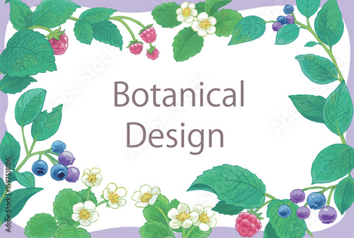 植物のデザインフレーム。ベリー系。水彩風、ベクターイラスト素材。