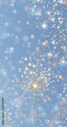 Sparkling firework stick against a soft blue sky filled with glittering particles