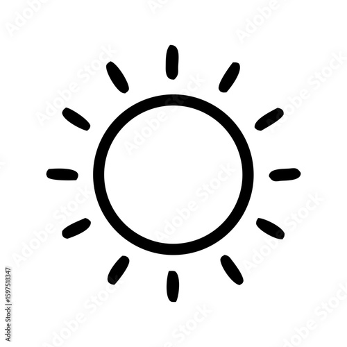 Simple hand drawn sun icon with rays in black and white