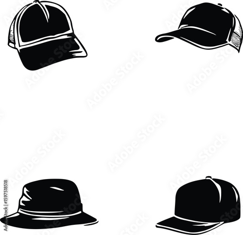 Hat Icon Set Featuring Baseball Caps, Bucket Hat, and Flat-Brimmed Cap