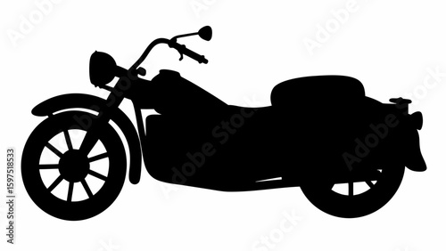 Silhouette of a vintage motorcycle featuring a round headlight and spoked wheels in a side view position