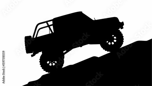 Silhouette of a four wheel drive truck climbing a hill with large tires and a roll cage on a white background