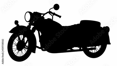 Silhouette depiction of a classic motorcycle featuring a round headlight and spoked wheels in black